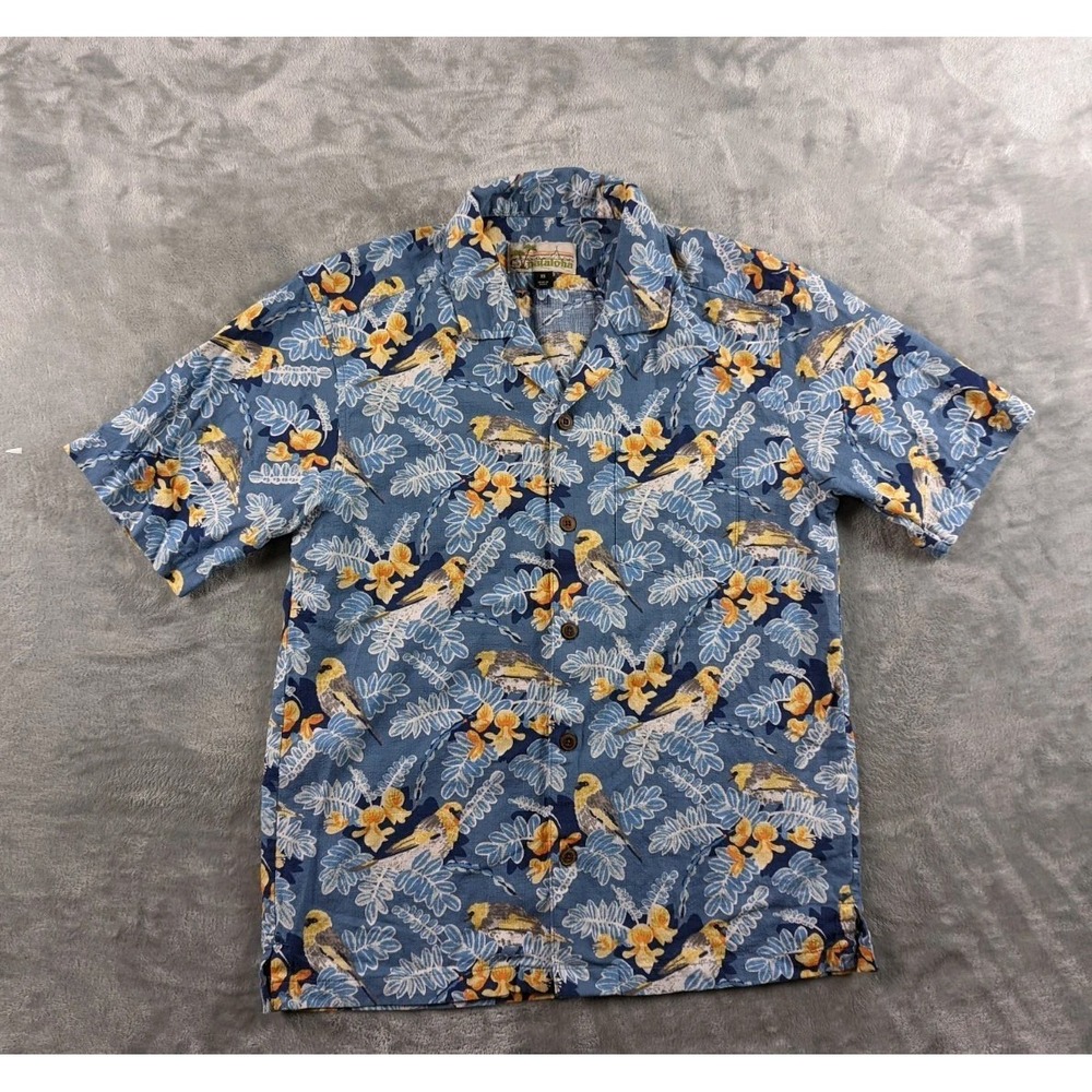 Patagonia Pataloha Shirt Mens XS Blue Palila Hawaiian Floral Bird Camp Button Up